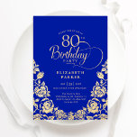 80th Birthday Royal Blue Gold Roses Invitation<br><div class="desc">Royal blue gold elegant 80th birthday party invitation. Classy design featuring roses,  faux gold foil and typography script font. Trendy invite card perfect for a stylish female bday celebration. Personalize with your own details. Can be customized to any age. Printed Zazzle invitations or instant download digital printable template.</div>