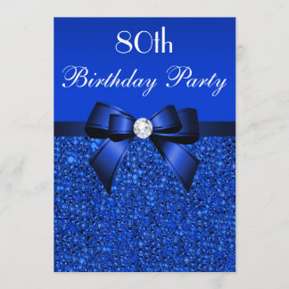 80th Birthday Royal Blue Sequins Bow and Diamond Invitation