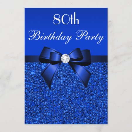 80th Birthday Royal Blue Sequins Bow And Diamond Invitation