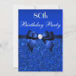 80th Birthday Royal Blue Sequins Bow And Diamond Invitation at Zazzle