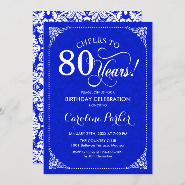 80th Birthday - Royal Blue White Damask Invitation (Front/Back)
