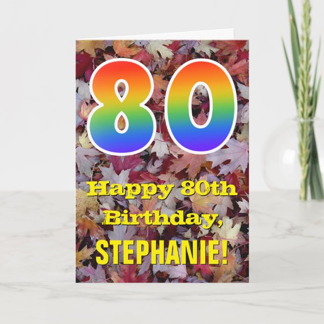 80th Birthday; Rustic Autumn Leaves; Rainbow "80" Card (Front)
