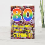 [ Thumbnail: 80th Birthday; Rustic Autumn Leaves; Rainbow "80" Card ]