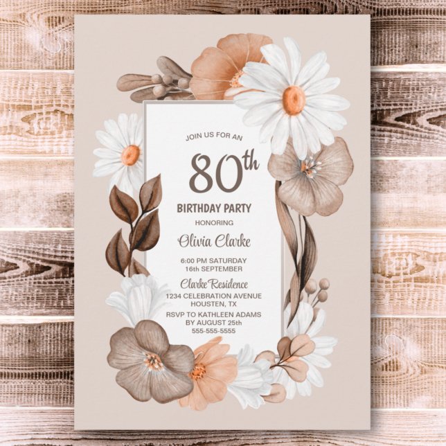 80th Birthday Rustic Boho Floral Party Invitation (Creator Uploaded)