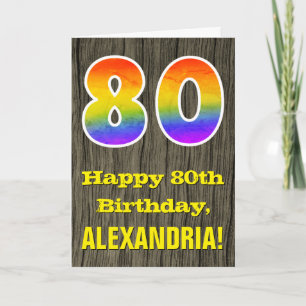 80th Birthday: Rustic Faux Wood Look, Rainbow "80" Card