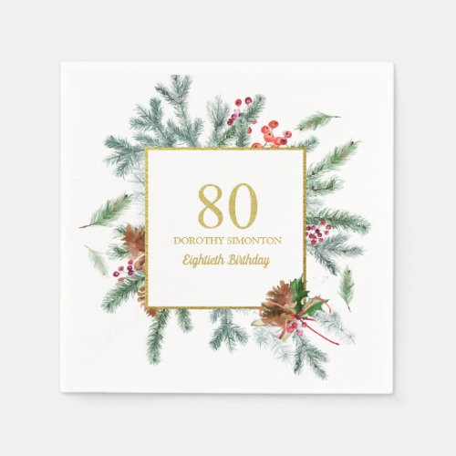 80th Birthday Rustic Winter Greenery Red Bow Napkins