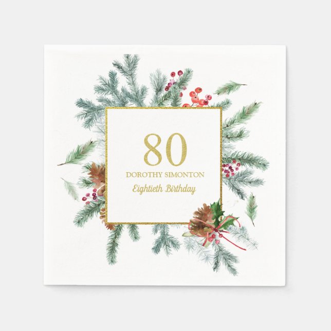 80th Birthday Rustic Winter Greenery Red Bow Napkins (Front)
