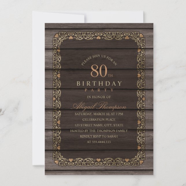 80th Birthday Rustic Wood Fancy Country Party Invitation (Front)