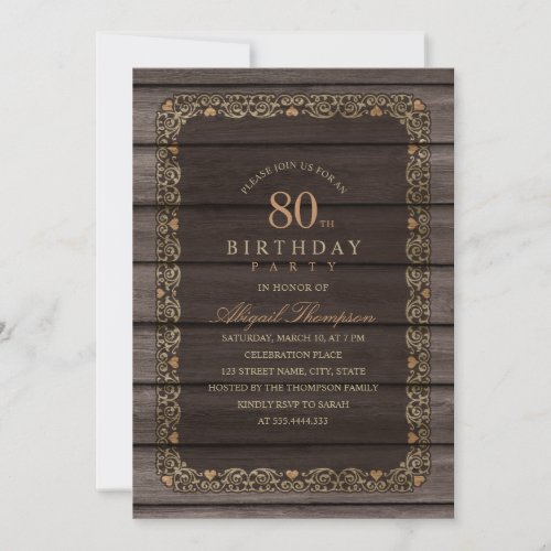 80th Birthday Rustic Wood Fancy Country Party Invitation