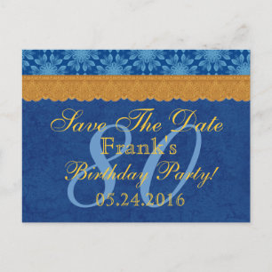 80th Birthday Save the Date Blue and Gold Lace W80 Announcement Postcard