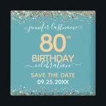 80th Birthday Save the Date Magnet<br><div class="desc">Elegant Faux gold glitter with shimmering confetti highlights on the top and bottom border. All text is adjustable and easy to change for your own party needs. Great elegant 80th birthday template design. Save the date magnet reminder.</div>
