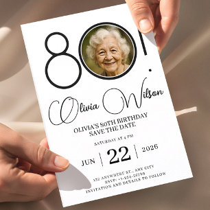 80th Birthday Save The Date with Photo   Elegant  Invitation
