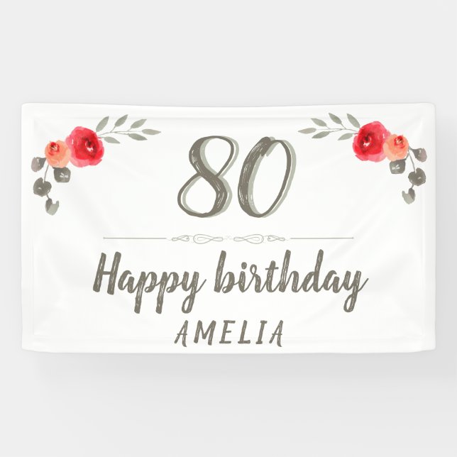 80th Birthday Script Watercolor Rose Floral Party Banner (Horizontal)