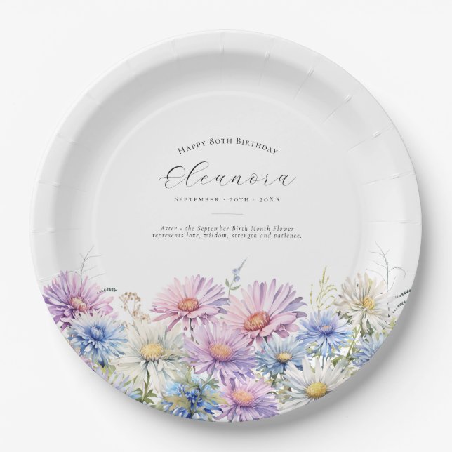 80th Birthday September Birth Flower  Paper Plates (Front)