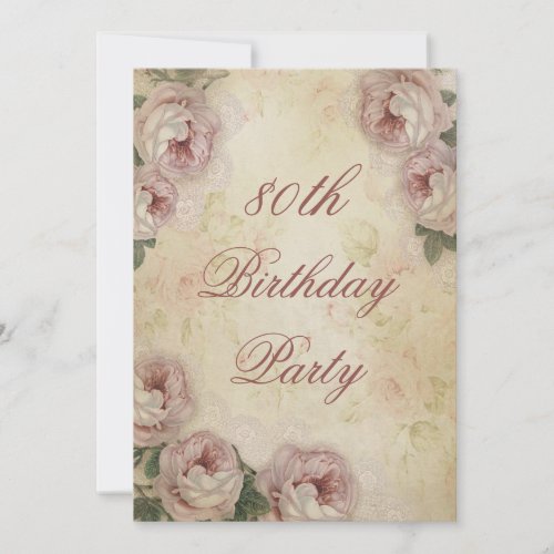 80th Birthday Shabby Chic Roses and Lace Invitation