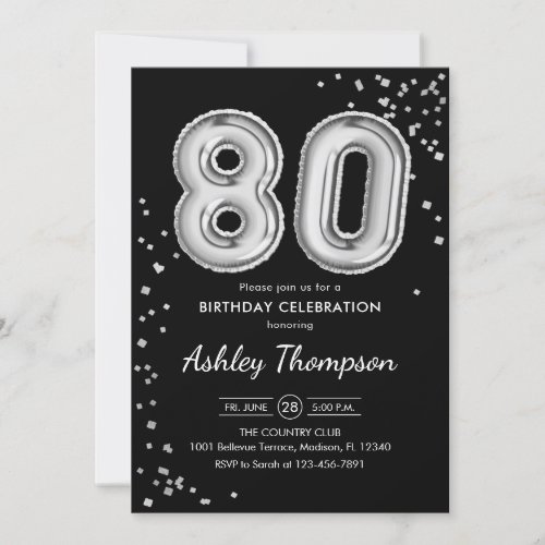 80th Birthday _ Silver Balloons Black Invitation