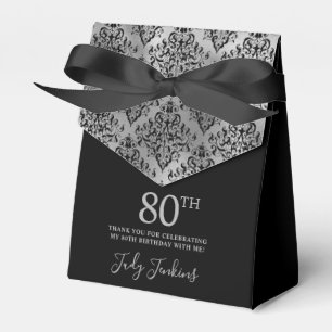 80th Birthday Silver Damask Thank You Favor Boxes