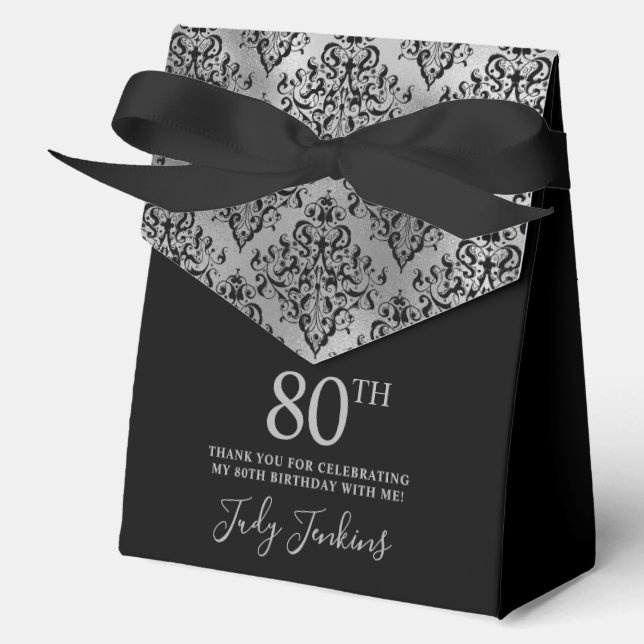 80th Birthday Silver Damask Thank You  Favor Boxes (Front)