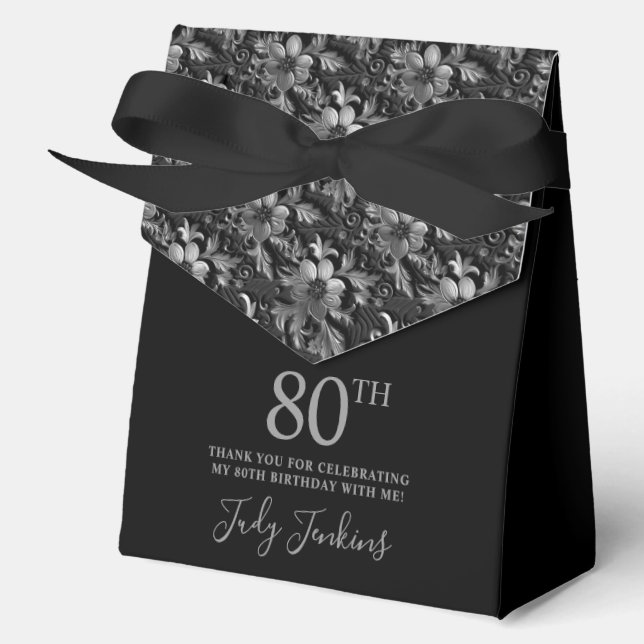 80th Birthday Silver Floral Thank You  Favor Boxes (Front)