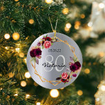 80th birthday silver florals geometric burgundy ceramic ornament<br><div class="desc">A 80th birthday ornament with templates for a name, date, and age 80. Trendy bohemian boho style. Decorated with watercolored roses in burgundy and pink. Glamorous, shiny faux silver metallic looking background on both front and back. A faux gold geometric frame. Perfect both as a birthday gift, keepsake or as...</div>