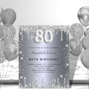 80th birthday silver glitter budget invitation flyer