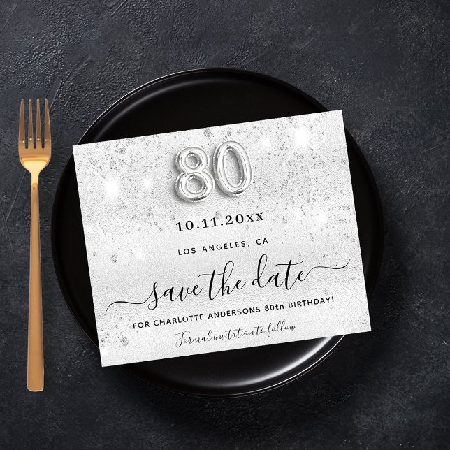80th birthday silver glitter budget save the date flyer (Creator Uploaded)