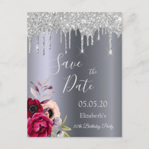 80th birthday silver glitter drips Save the Date Postcard