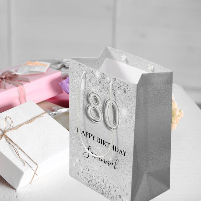 80th birthday silver glitter dust monogram medium gift bag (Creator Uploaded)