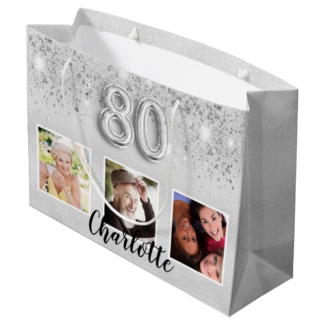 80th birthday silver glitter dust photo monogram large gift bag (Back Angled)