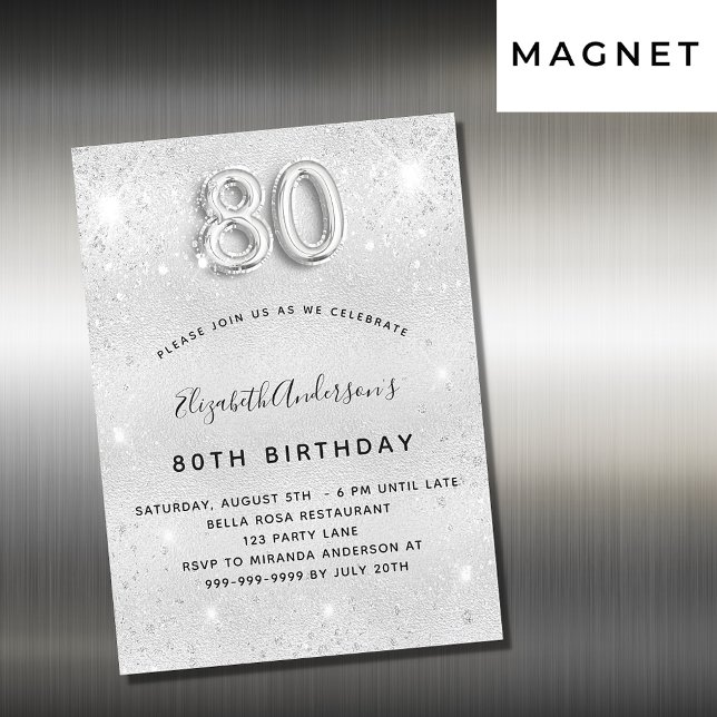 80th birthday silver glitter glamorous magnetic invitation (Creator Uploaded)