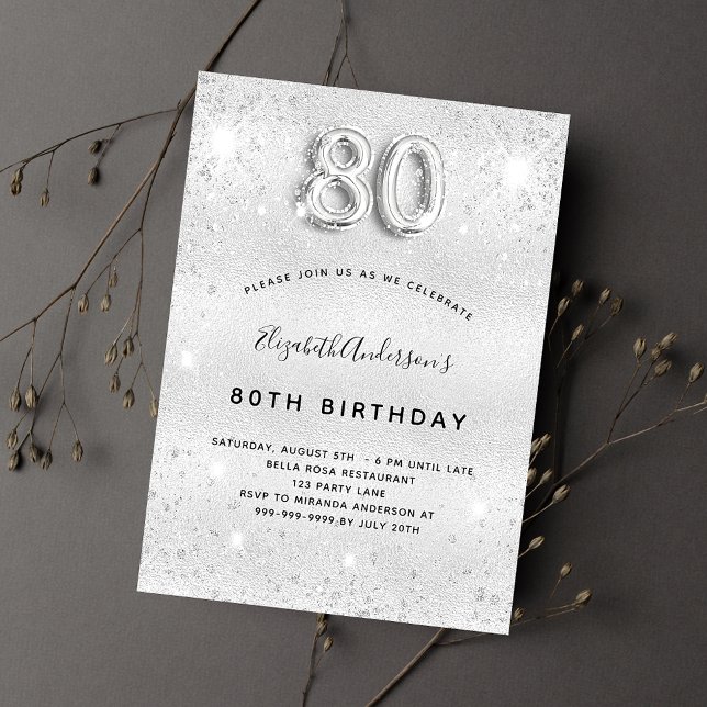 80th birthday silver glitter invitation (Creator Uploaded)