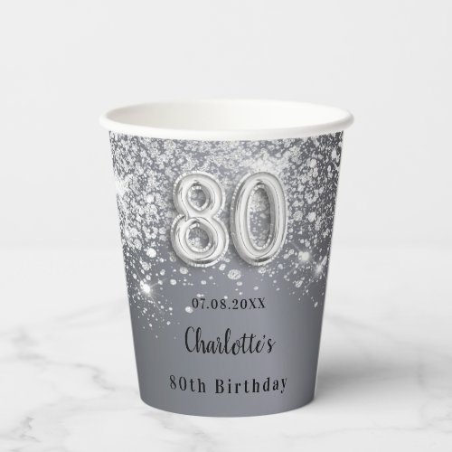 80th birthday silver glitter monogram name paper cups