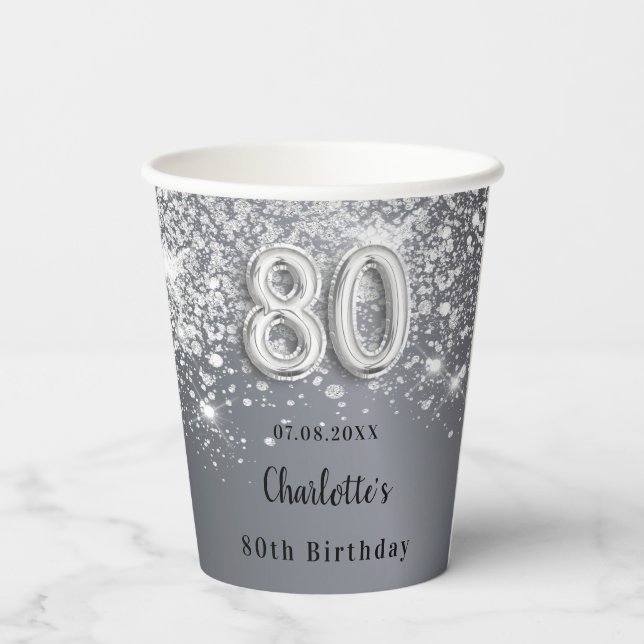80th birthday silver glitter monogram name paper cups (Back)