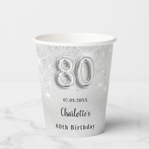 80th birthday silver glitter monogram paper cups