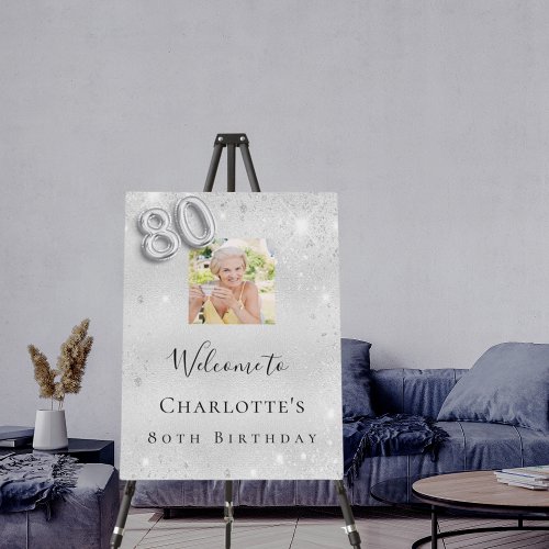 80th birthday silver glitter photo welcome foam board