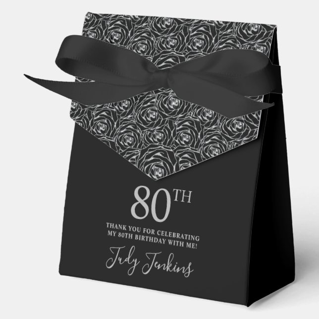 80th Birthday Silver Glitter Roses Thank You  Favor Boxes (Front)