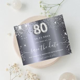 80th birthday silver glitter save the date card