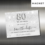 80th birthday silver glitter save the date magnet<br><div class="desc">An elegant Save the Date magnet for a 80th birthday party. A modern faux silver metallic looking background decorated with faux glitter sparkles. Personalize and add a date and name/age. The text: Save the Date is written with a large trendy hand lettered style script. Number 80 with a balloon style...</div>