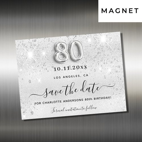 80th birthday silver glitter save the date magnet