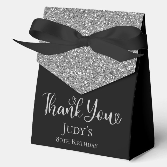 80th Birthday Silver Glitter Thank You Favor Boxes (Front)