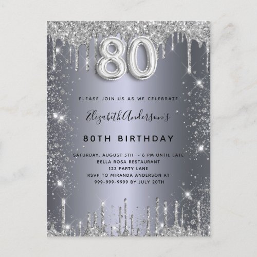 80th birthday silver metal glitter dust glam invitation postcard