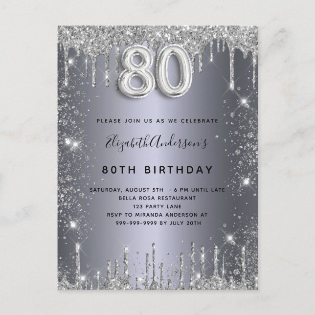 80th birthday silver metal glitter dust glam invitation postcard (Front)