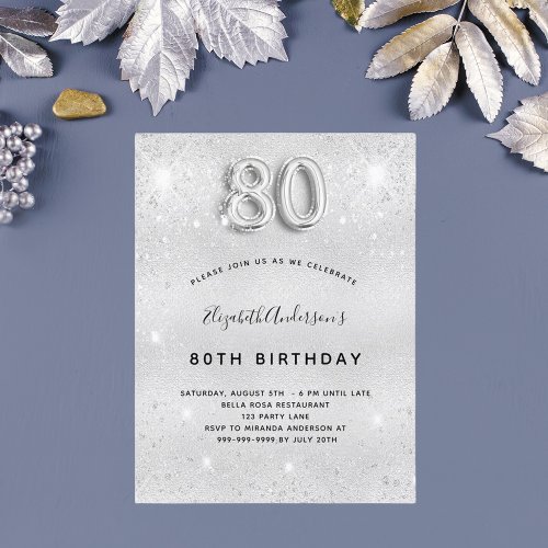 80th birthday silver metal glitter dust glam invitation postcard