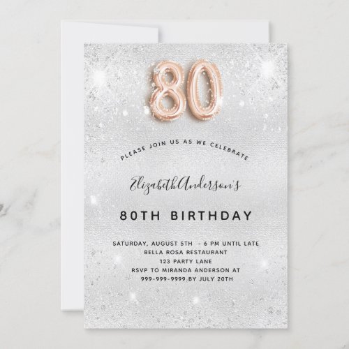 80th birthday silver metal rose gold glitter invitation