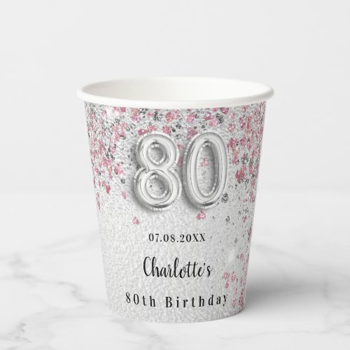 80th birthday silver pink glitter dust monogram paper cups