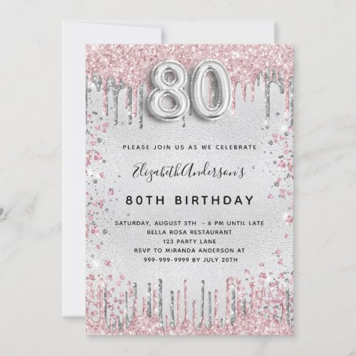 80th birthday silver pink metal glitter dust invitation