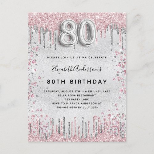 80th birthday silver pink metal glitter dust invitation postcard