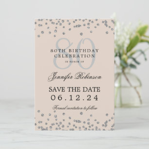 80th Birthday Silver Save Date Confetti Beige Invitation
