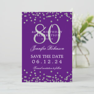 80th Birthday Silver Save Date Confetti Purple Invitation