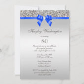 80th Birthday Silver Sequin Royal Blue Bow Diamond Invitation (Back)